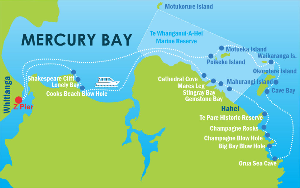 map Cathedral Cove tour - Mercury Bay Discoveries